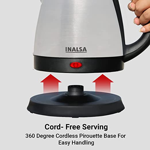 INALSA Electric Kettle 1.5 Liter with Stainless Steel Body - Kwik|Auto Shut Off & Boil Dry Protection Safety Features| Cordless Base & Cord Winder|Hot Water Kettle |Water Heater Jug INALSA Electric Kettle 1.5 Liter with Stainless Steel Body - Kwik|Auto Shut Off & Boil Dry Protection Safety Features| Cordless Base & Cord Winder|Hot Water Kettle |Water Heater Jug